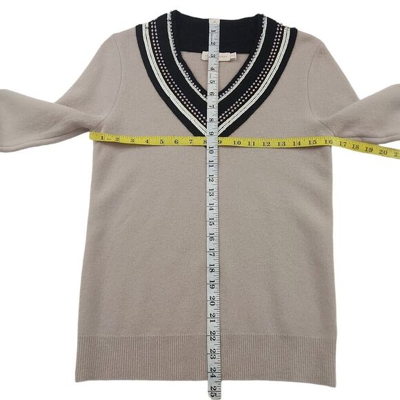 Tory Burch Merino Wool Sweater Womens XS Beige Rhinestones Sequin V-Neck Casual - Picture 6 of 13